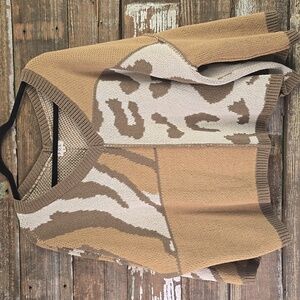 POL Beige and Brown Animal Print Knit Sweater, Size S, OVERSIZED & Cropped